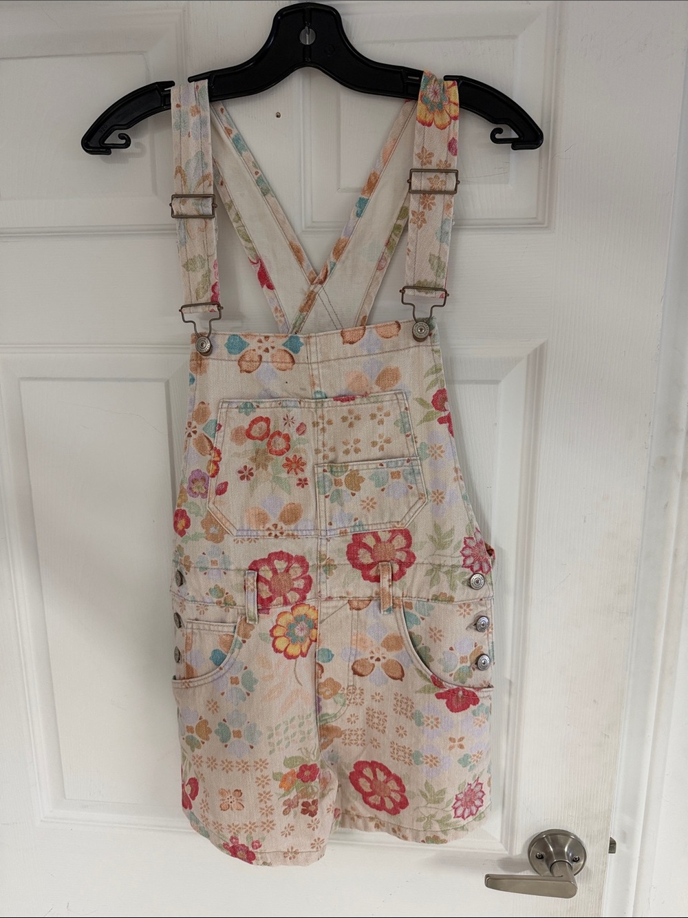 Free People Floral Embroidered Denim Overalls in Cream Multicolor